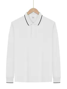 Close-up of a white long-sleeved polo shirt featuring black striped collar and cuffs