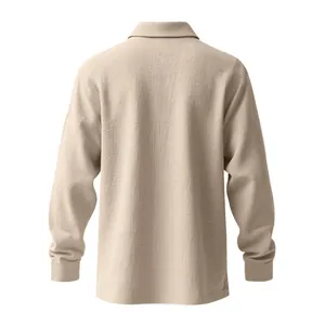Back view of classic men's linen-textured long-sleeve Polo shirt in beige color