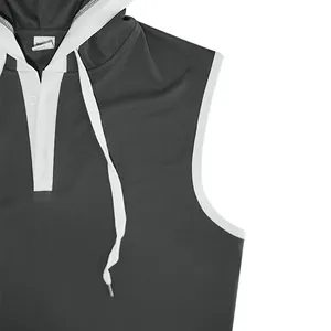 Close-up detail of men's casual hooded tank top with white contrast trim and buttons