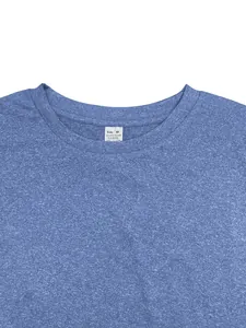Close-up of blue quick-dry t-shirt neckline showing fabric texture and size tag