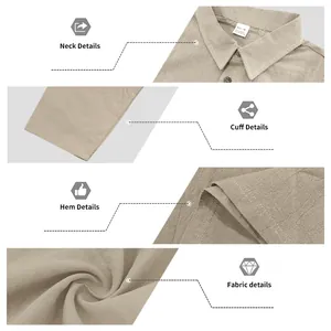 Close-up views of collar, cuff, hem and linen fabric texture of men's polo shirt