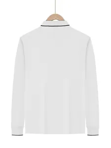 Close-up of back view of white long sleeve polo shirt with black collar trim