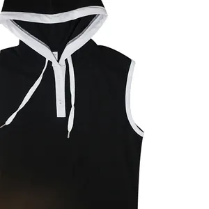 Detail view of men's black hooded tank top with white contrast trim and buttons