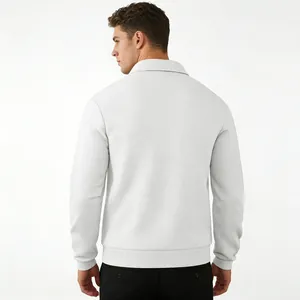 Back view of premium men's white long sleeve polo shirt with textured jacquard pattern