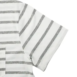 Close-up detail of grey and white striped short sleeve t-shirt with chest pocket