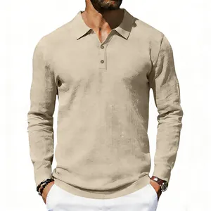 Close-up of a men's long-sleeved linen-textured polo shirt in a light beige color