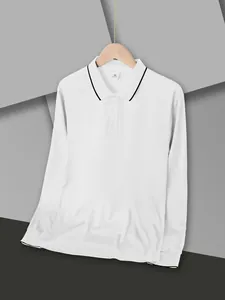 White long-sleeved polo shirt with contrast black trim details on collar and cuffs.