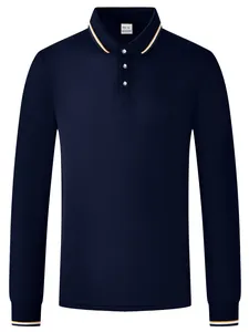 Men's navy blue long sleeve polo shirt with striped collar and quick-dry breathable fabric.