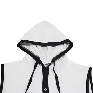 Detail shot of white men's sleeveless hoodie with contrasting black trim and hood
