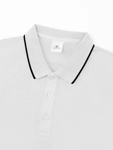 Macro detail of men's white quick-dry Polo shirt with black-tipped collar and buttons