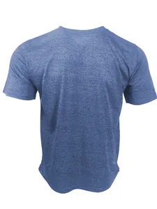 Back view of a men's heather blue quick-dry athletic sports t-shirt with soft texture