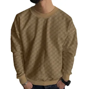 Men's heavy jacquard checkerboard knit sweater with casual crew neck and long sleeves