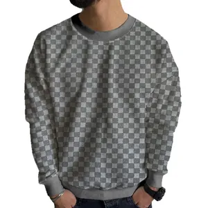 Men's stylish gray checkerboard jacquard crewneck knit sweater for autumn winter fashion