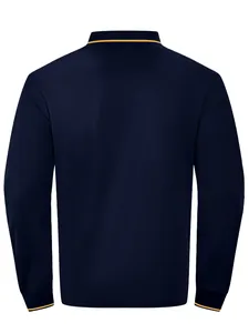Back view of a breathable navy blue long-sleeved polo shirt with yellow trim details