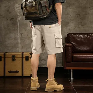 Back view of men's outdoor khaki cargo shorts featuring functional multi-pockets design