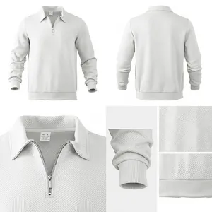 Multi-angle views and close-up details of men's white textured jacquard polo sweatshirt