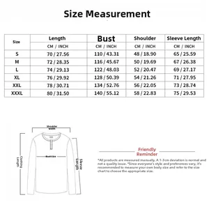 Detailed size measurement chart for men's casual long sleeve sweatshirt in CM and INCH units