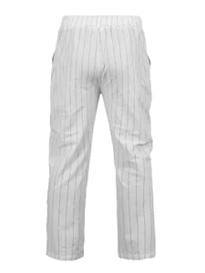 Vue arrière du pantalon décontracté pour hommes en lin blanc à rayures et taille élastique.