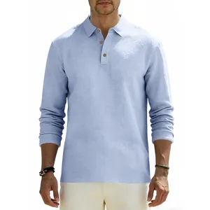 Premium men's long sleeve linen polo shirt in light blue with breathable classic design