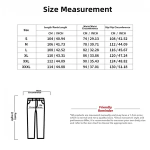 Detailed size chart for men's casual tracksuit pants in CM and INCH