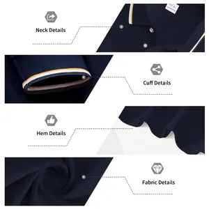 Detail view of navy blue long sleeve polo shirt showing collar, cuff, hem and fabric texture