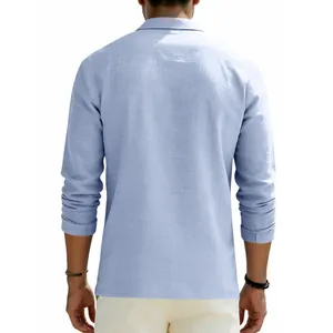 Rear view of a men's light blue long sleeve linen polo shirt with a relaxed fit