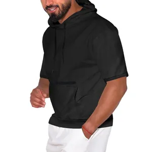 Men's casual solid color short sleeve hooded t-shirt on model with white background