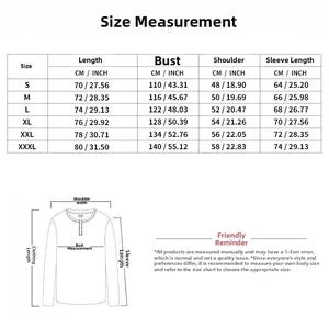 Detailed size chart for men's casual long-sleeved sweatshirt with CM and INCH measurements