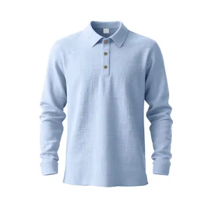 Detail view of a men's light blue long-sleeved polo shirt with breathable linen texture
