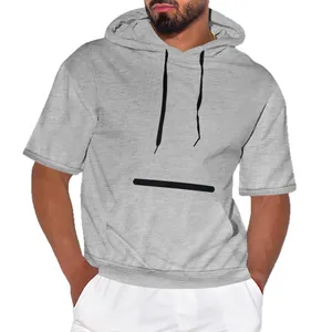 Men's casual grey hooded short sleeve t-shirt with adjustable drawstring and pocket