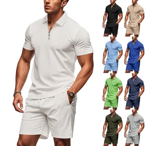 Men's Waffle Knit Polo Shirt And Shorts Two Piece Top And Bottom Casual Zipper Lapel Short Sleeve Sportswear Clothes