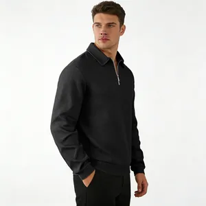 Men's black textured polo sweatshirt featuring a half-zip and intricate jacquard pattern.