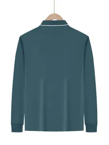 Back view of a men's dark teal quick-dry long-sleeve polo shirt with white trim.