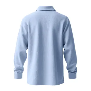 Back view of a light blue linen long sleeve polo shirt showing fabric texture