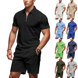 Men's summer waffle knit polo shirt and matching shorts set shown in nine diverse colors