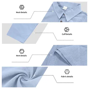 Detailed view of blue linen polo shirt featuring collar, cuffs, hem and fabric texture.