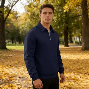 Men's navy long-sleeve polo sweatshirt with diamond jacquard texture in autumn park