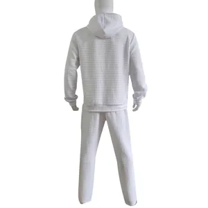 Detailed back view of white men's grid-textured long sleeve hoodie and pants set