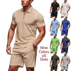Men's waffle knit zip polo shirt and shorts summer outfit set available in multiple colors