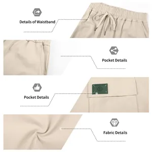 Close-up details of men's cargo shorts showing waistband, pocket, and fabric