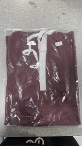 Men's burgundy hooded sleeveless vest with white button placket in plastic packaging