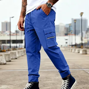 Pantaloni cargo jogger blu da uomo con tasche multiple e coulisse