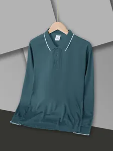 Detail of a dark teal quick-dry long sleeve polo shirt for men with white collar stripes