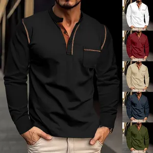 Vista detallada de camiseta henley de manga larga para hombre en variados colores