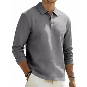 Grey long-sleeved linen polo shirt for men featuring breathable fabric and classic collar