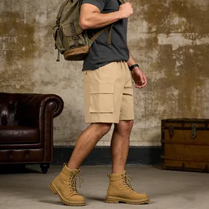 Side view of durable men's khaki cargo shorts featuring functional multi-pocket design