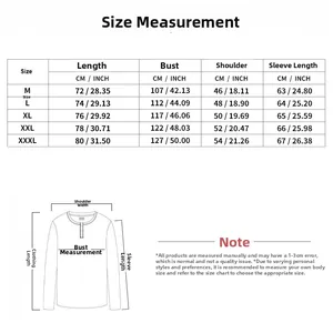 Size chart and measurement guide for long sleeve casual round neck t-shirt for men