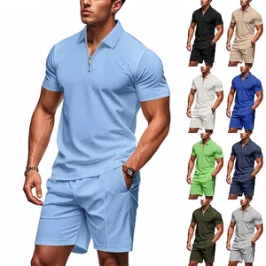 Men's waffle knit polo shirt and shorts set, casual summer outfit in 9 colors, US size
