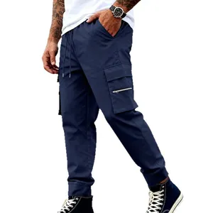 Pantaloni cargo jogger blu scuro da uomo con multitasche e vita elastica con coulisse