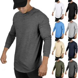 Men's long sleeve crew neck t-shirt with curved hem available in multiple colors